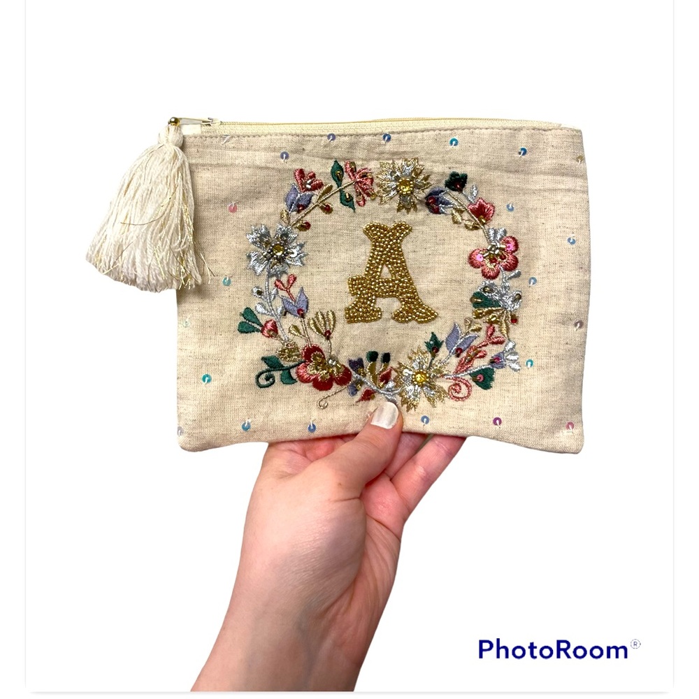 Embroidered & Beaded “A” Zipper Pouch